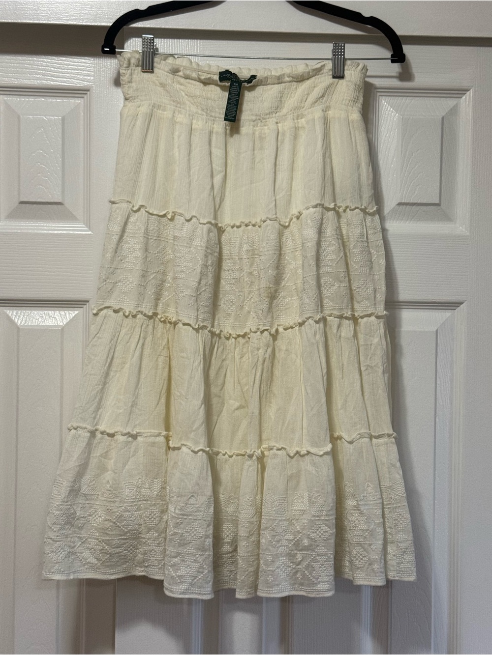 Lauren Ralph Lauren Petite Cream Embroidered Tiered Cotton Midi Skirt PM